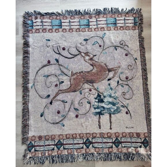 Leaping Deer Reindeer Christmas Vintage Tapestry Afghan Throw 50x60 Cheri Blum - Picture 1 of 9